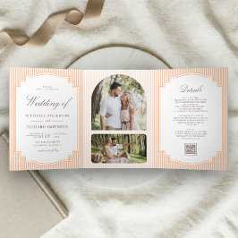 Convite Com Dobra Tripla Casamento com Código QR de Foto Listrada Laranja C