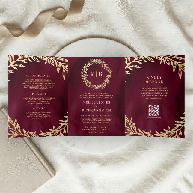 Convite Com Dobra Tripla Casamento com Código QR de Galho de Folha de Ouro  (Criador carregado)