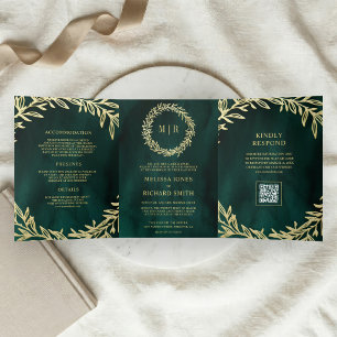 Convite Com Dobra Tripla Casamento com Código QR de Galho de Folha de Ouro