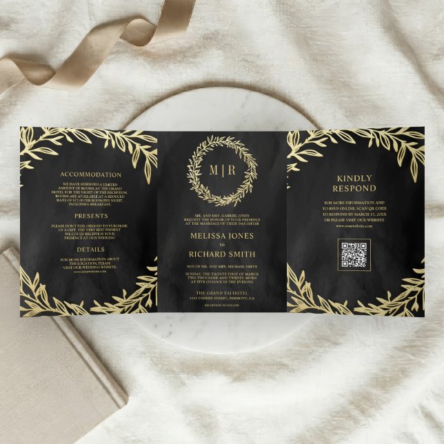 Convite Com Dobra Tripla Casamento com Código QR de Galho em Folha Dourada  (Criador carregado)