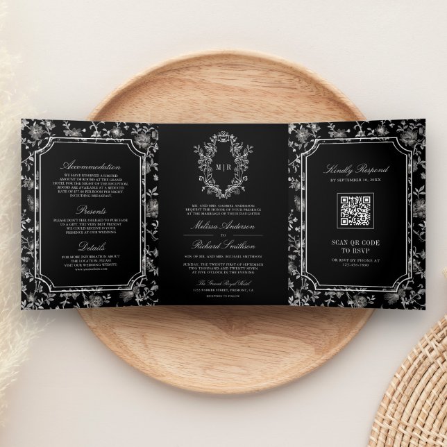 Convite Com Dobra Tripla Casamento com Código QR e Crista de Chinoiserie Pr (Criador carregado)