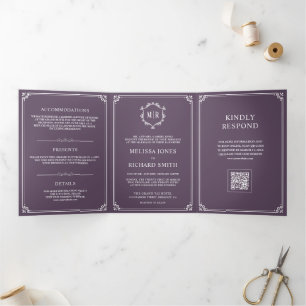 Convite Com Dobra Tripla Casamento com Código QR em Monograma Roxo e Branco