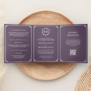 Convite Com Dobra Tripla Casamento com Código QR em Monograma Roxo e Branco