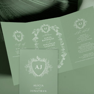 Convite Com Dobra Tripla Casamento com código QR floral francês em verde sá