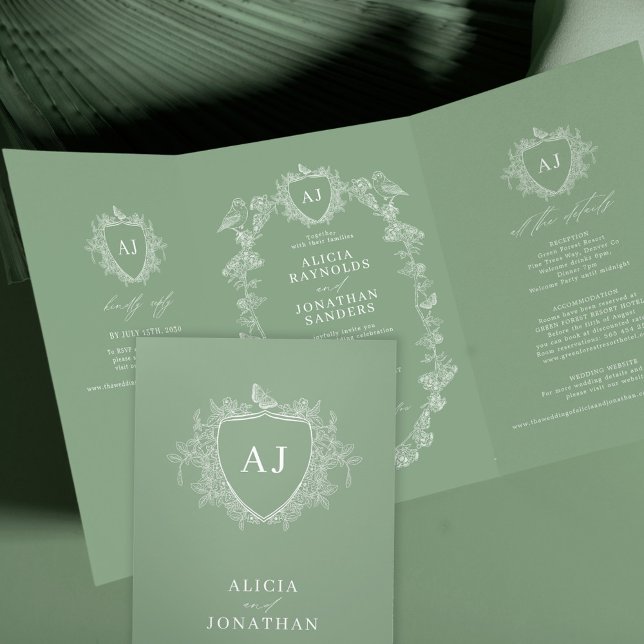 Convite Com Dobra Tripla Casamento com código QR floral francês em verde sá (Criador carregado)