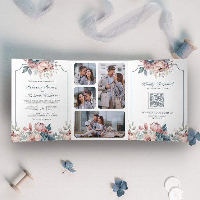 Convite Com Dobra Tripla Casamento com Código QR Floral Rosa e Azul Empoeir (Criador carregado)