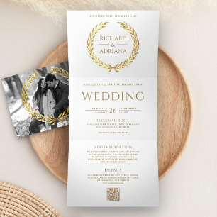 Convite Com Dobra Tripla Casamento com Código QR Mínimo de Louro Dourado Br