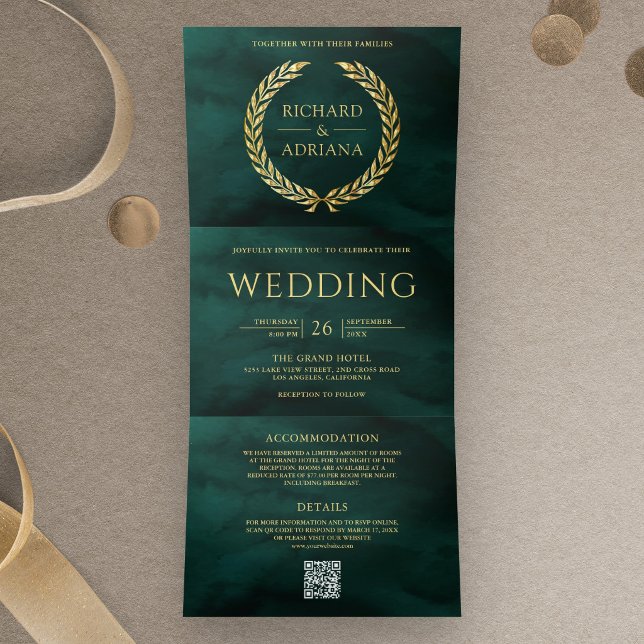 Convite Com Dobra Tripla Casamento com Código QR Mínimo em Ouro Verde Esmer (Criador carregado)