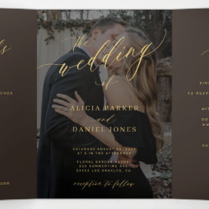 Convite Com Dobra Tripla Casamento com código QR moderno em ouro castanho e