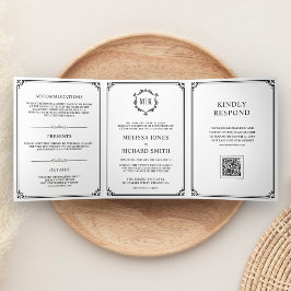 Convite Com Dobra Tripla Casamento com Código QR Monograma Clássico Branco 