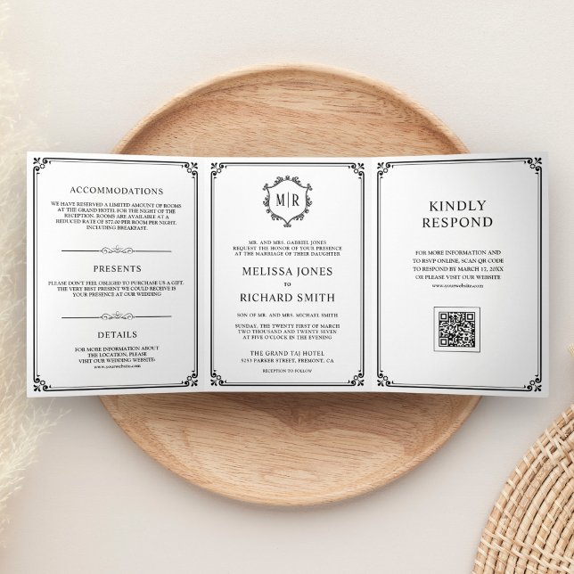 Convite Com Dobra Tripla Casamento com Código QR Monograma Clássico Branco  (Criador carregado)