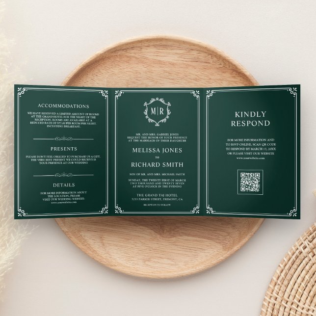 Convite Com Dobra Tripla Casamento com Código QR Monograma Verde Esmeralda  (Criador carregado)