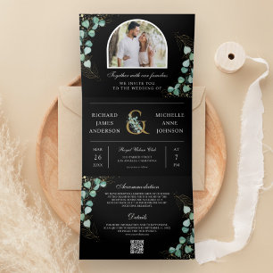 Convite Com Dobra Tripla Casamento com Código QR Preto de Foto do Arch Euca