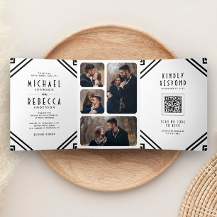 Convite Com Dobra Tripla Casamento com Código QR Preto e Branco em Arte Geo