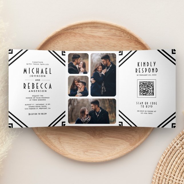 Convite Com Dobra Tripla Casamento com Código QR Preto e Branco em Arte Geo (Criador carregado)