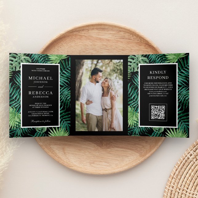 Convite Com Dobra Tripla Casamento com Código QR Tropical de Folhas de Palm (Criador carregado)