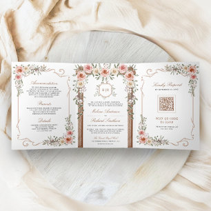 Convite Com Dobra Tripla Casamento com Dossel Floral Boho de Madeira Rústic