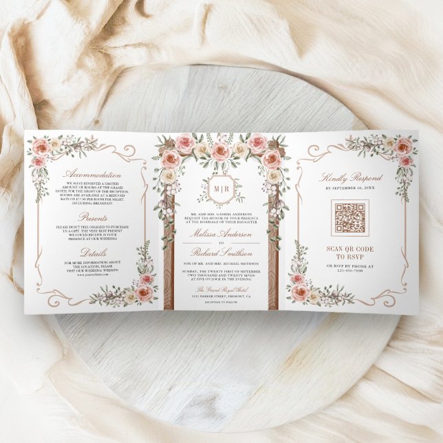 Convite Com Dobra Tripla Casamento com Dossel Floral Boho de Madeira Rústic (Criador carregado)