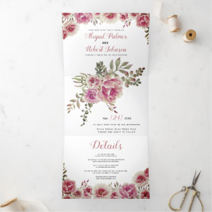 Convite Com Dobra Tripla Casamento com flores cor-de-água rosa rosa 