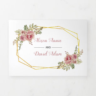 Convite Com Dobra Tripla Casamento com flores de rosa aquarela de Dusty