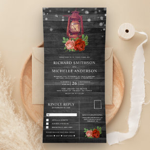 Convite Com Dobra Tripla Casamento com Lanterna de Óleo Floral Rústico Vint