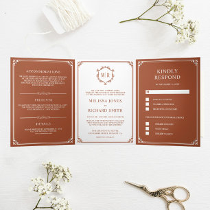 Convite Com Dobra Tripla Casamento com Monograma Elegante Branco e Terracot