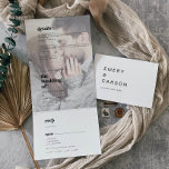 Convite Com Dobra Tripla Casamento com o nome de fotografia desbotado da ti<br><div class="desc">Este moderno convite triplo de casamento com o nome de fotografia preto desvanecido é perfeito para um casamento simples. O design minimalista apresenta uma fonte retrô, mas contemporânea, com um toque único da boêmia rústica. Perfeito para qualquer estação. Personalize com 2 fotos de noivado. Sua suíte de casamento inteira em...</div>