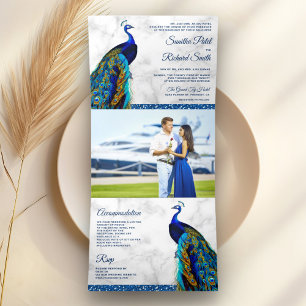 Convite Com Dobra Tripla Casamento com Pavão Indiano em Mármore Branco Azul