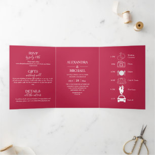 Convite Com Dobra Tripla Casamento com Script Magenta Elegante Viva