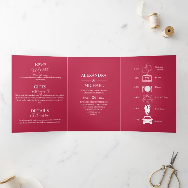 Convite Com Dobra Tripla Casamento com Script Magenta Elegante Viva (Dentro)