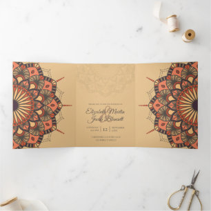Convite Com Dobra Tripla Casamento Contemporâneo de Peach Mandala
