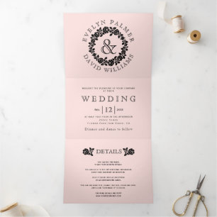 Convite Com Dobra Tripla Casamento cor-de-rosa com rosa preto Vintage