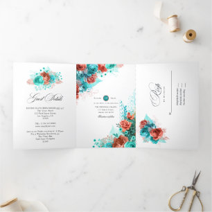 Convite Com Dobra Tripla Casamento Coral Vivo e Azul Turquesa