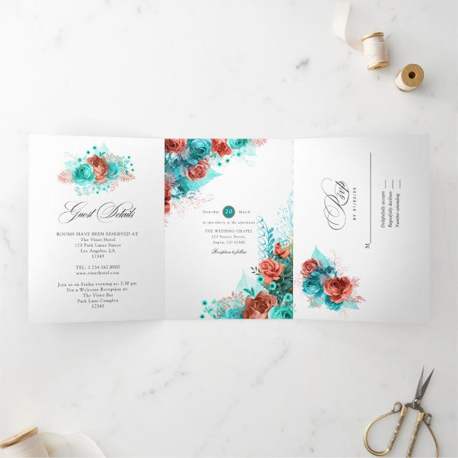 Convite Com Dobra Tripla Casamento Coral Vivo e Azul Turquesa (Dentro)