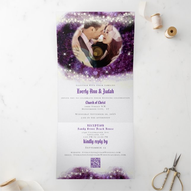 Convite Com Dobra Tripla Casamento Cristal de Ámora Violeta Elegante Geodo (Dentro)