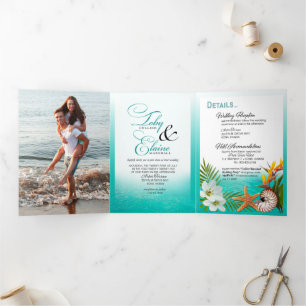 Convite Com Dobra Tripla Casamento de Aloha Tropical Beach