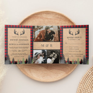 Convite Com Dobra Tripla Casamento de Antler Rustic Kraft Vermelho Xadrez B