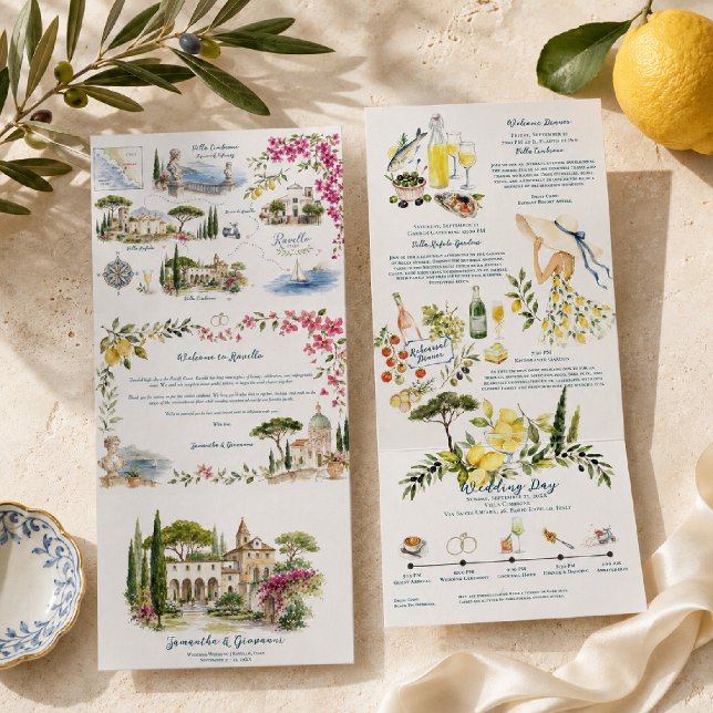 Convite Com Dobra Tripla Casamento de Aquarela em Ravello Itália (Criador carregado)