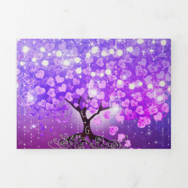 Convite Com Dobra Tripla Casamento de Árvore de Folha de Coração Púrpura El