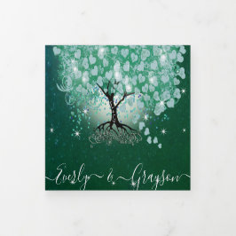 Convite Com Dobra Tripla Casamento de Árvores de Folha de Coração Azul-Aqua