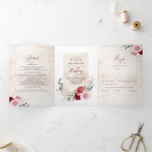 Convite Com Dobra Tripla Casamento de Boho Botânico Floral Vermelho Burgund