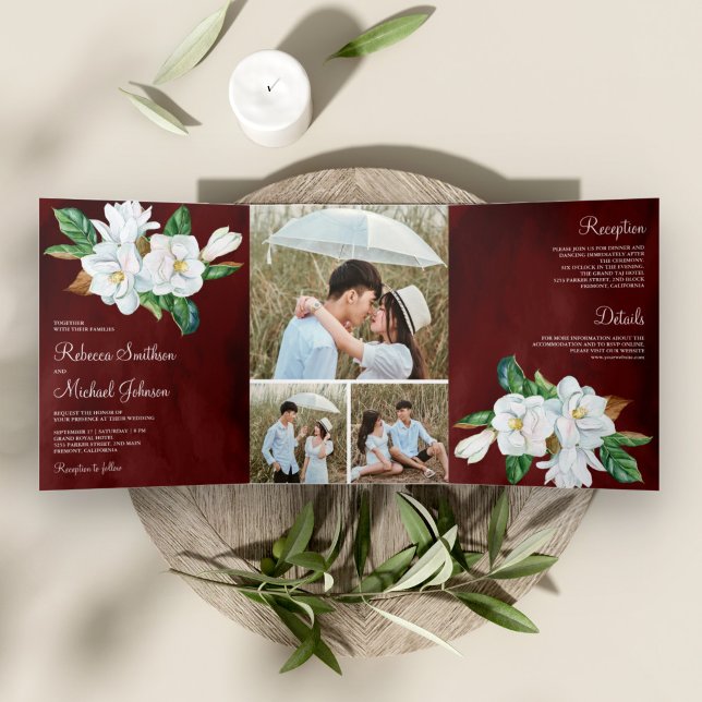 Convite Com Dobra Tripla Casamento de Borgonha Floral Rustic White Magnolia (Criador carregado)