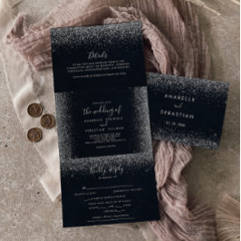 Convite Com Dobra Tripla Casamento de Caligrafia Silver Confetti