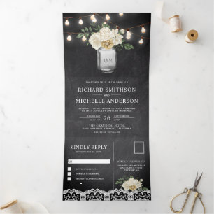 Convite Com Dobra Tripla Casamento de Cambot Ivory Floral Mason Jar Lights