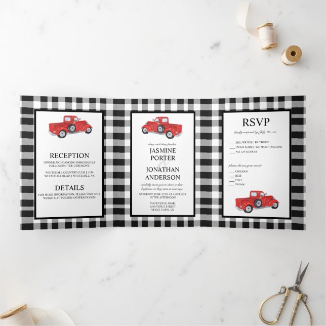 Convite Com Dobra Tripla Casamento de Caminhão Vermelho Xadrez de Buffalo N (Dentro)