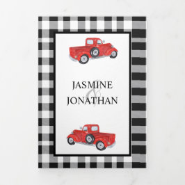 Convite Com Dobra Tripla Casamento de Caminhão Vermelho Xadrez de Buffalo N