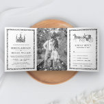 Convite Com Dobra Tripla Casamento de Carruagem da Princesa Princesa de Fai<br><div class="desc">Encontrem seus hóspedes com este convite de casamento temático de conto de fadas rústico com fronteiras falsas e estrelas mágicas confetti com tipografia moderna em um fundo branco. Ele também inclui uma placa RSVP destacável. Basta adicionar os detalhes do seu evento neste modelo fácil de usar e enfeitar este cartão...</div>