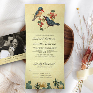 Convite Com Dobra Tripla Casamento de Casais de Aves Rústicas Vintage