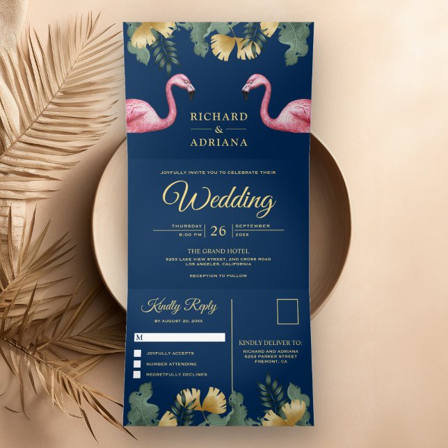 Convite Com Dobra Tripla Casamento de Casal de Flamingo Azul Naval de Palma (Criador carregado)