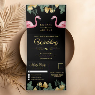 Convite Com Dobra Tripla Casamento de Casal de Flamingo Preto Dourado de Pa